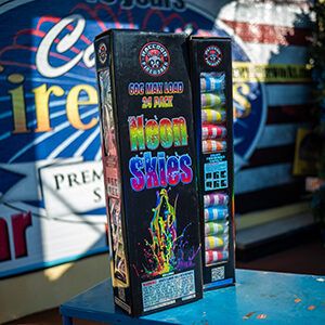 Neon Skies, a value canister shell assortment from Raccoon Brand and Casey's Fireworks