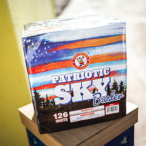 Patriotic Sky Buster, a 126 shot shell with a variety of color bursts