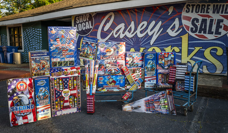 A selection of red, white, and blue fireworks for sale at Casey's Fireworks